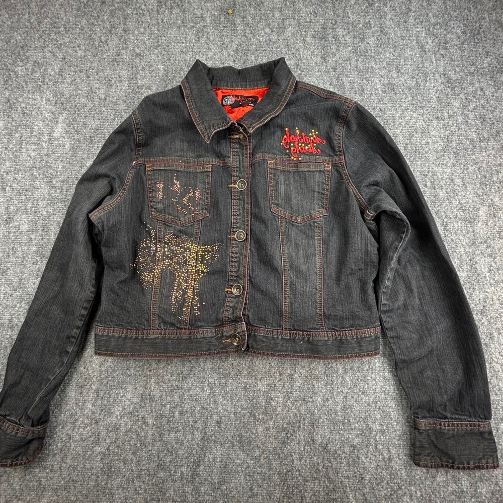 Platinum Plush Limited Collection Black Denim Jacket Rhinestone Red Stitch 1X